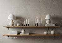 Minimalist shelves with candles and modern ceramic decor