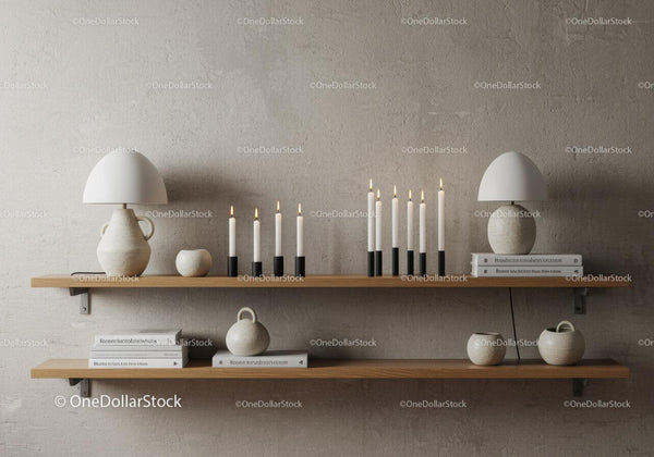 Minimalist shelves with candles and modern ceramic decor