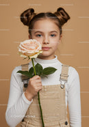 Young Girl Holding a Pink Rose with Blonde Hair and Bun Hairstyle