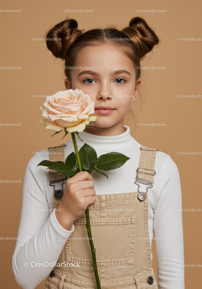 Young Girl Holding a Pink Rose with Blonde Hair and Bun Hairstyle