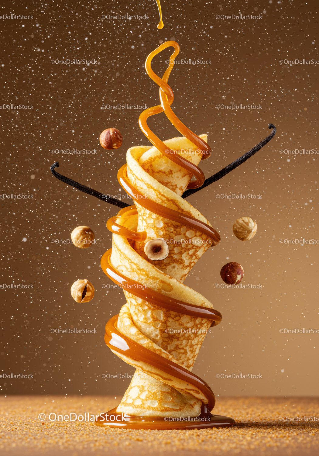 Crepe Wrapped in Caramel Sauce with Hazelnuts and Vanilla