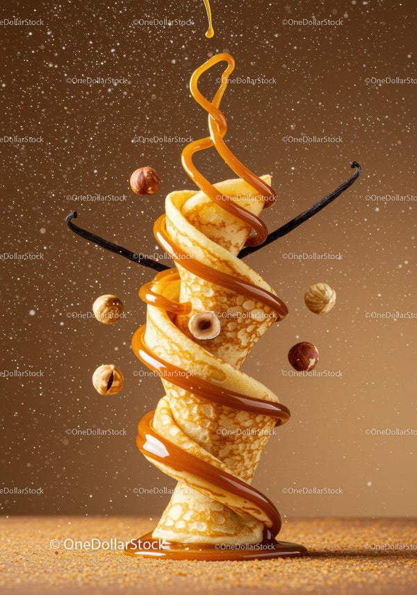 Crepe Wrapped in Caramel Sauce with Hazelnuts and Vanilla