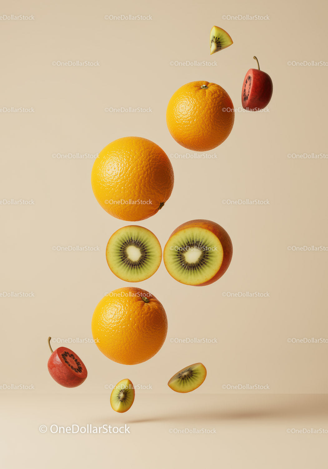 Floating fresh oranges and kiwi fruit slices on beige