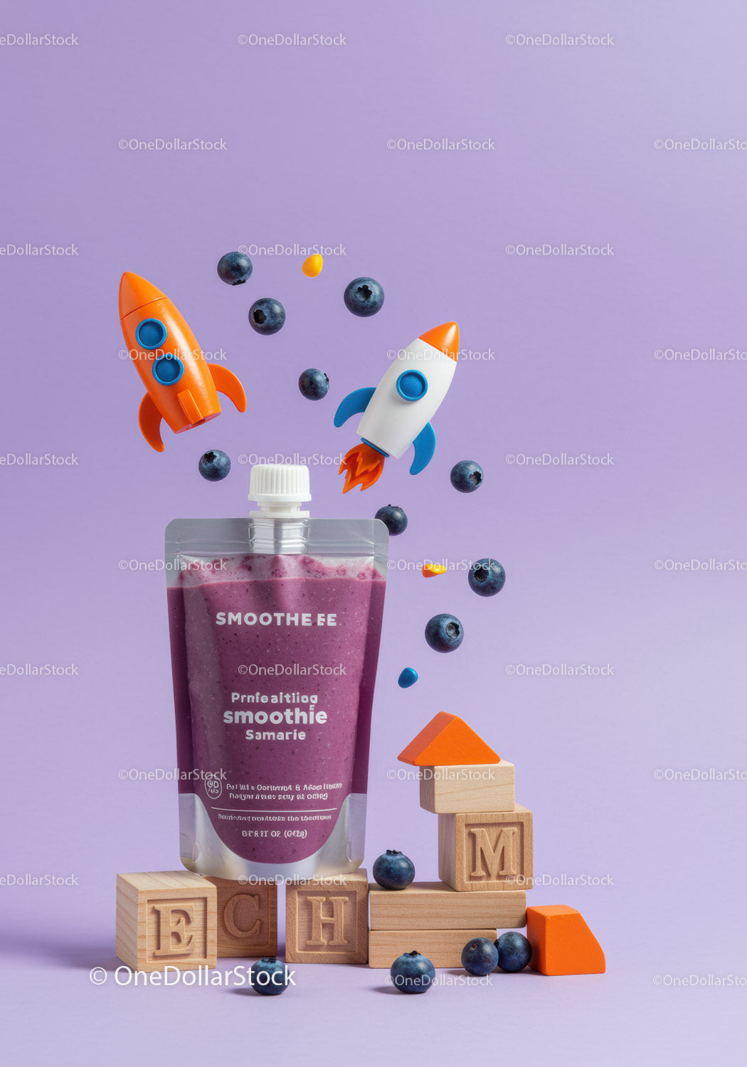 Berry Smoothie with Toy Rockets and Wooden Blocks