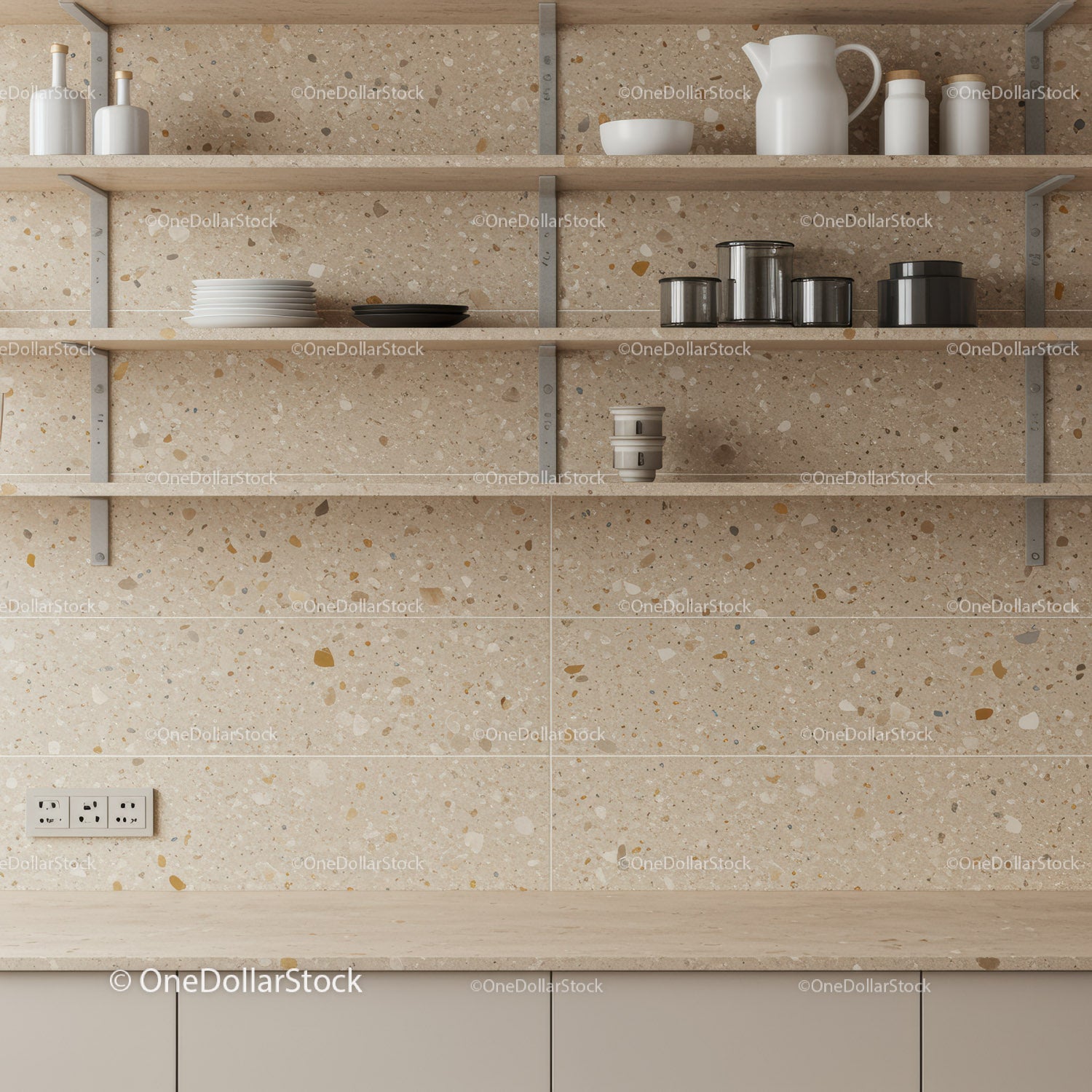 Modern Kitchen Shelves with Ceramic Pitcher and Stainless Steel Canisters