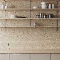 Modern Kitchen Shelves with Ceramic Pitcher and Stainless Steel Canisters
