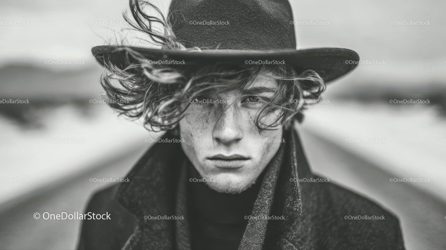Monochromatyczny portret młodego mężczyzny w kapeluszu z szerokim rondem i intensywnym spojrzeniem