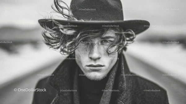 Monochrome Portrait of Young Man with Wide-Brimmed Hat and Intense Gaze