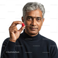 Senior Man Holding Ripe Raspberry Looking at Camera