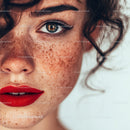 Close-Up of a Woman with Green Eyes and Red Lips featuring Freckles