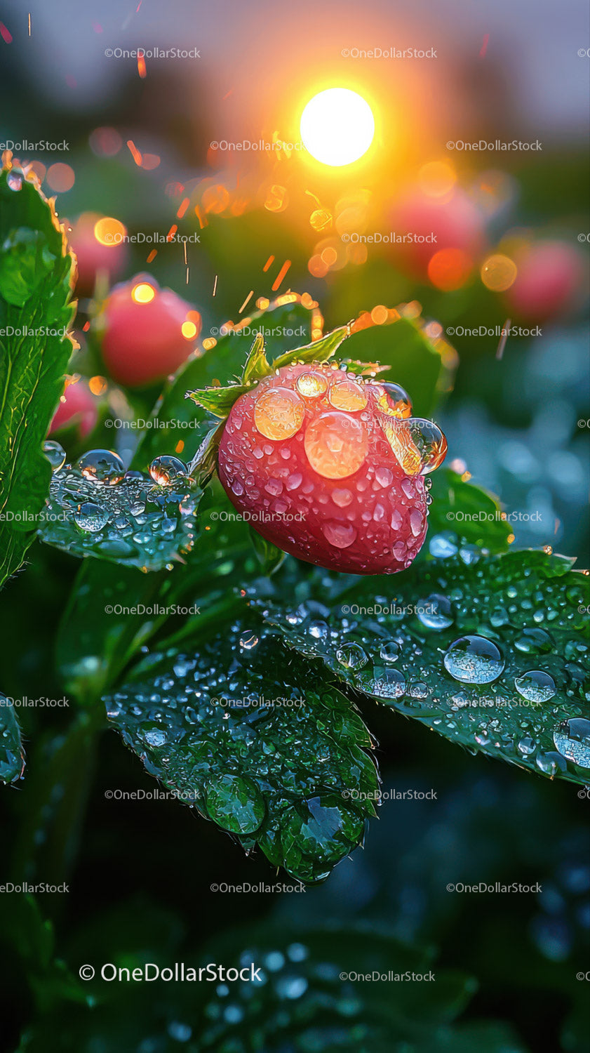 Close-up of Dew-Covered Strawberry with Sunrise Backdrop