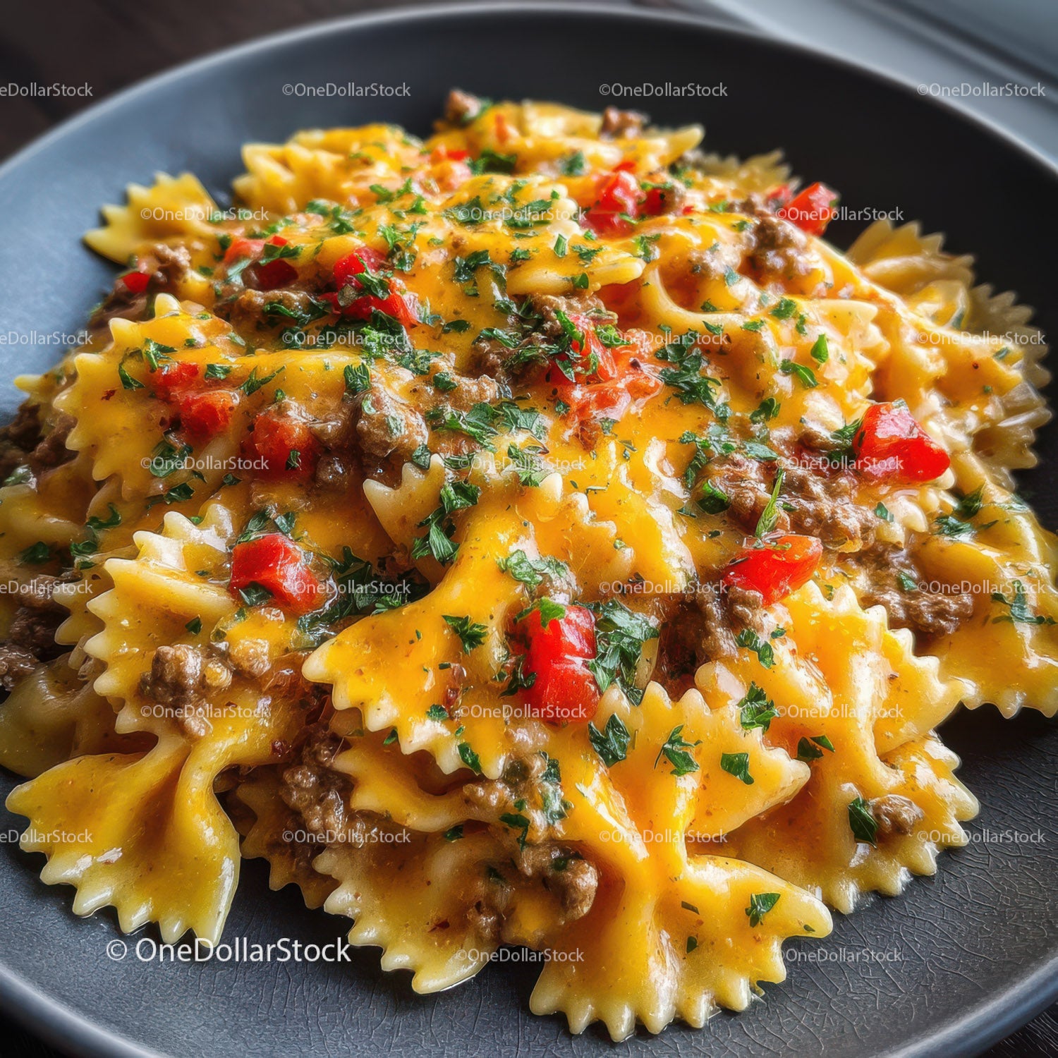 Makaron Farfalle z sosem wołowym, czerwoną papryką i pietruszką