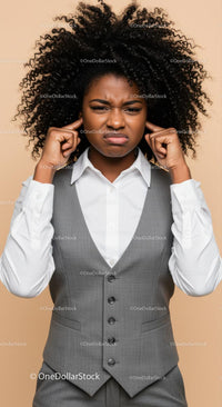 Frustrated Woman Covering Ears with Annoyed Expression