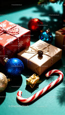 Festive wrapped gifts and holiday decorations on table