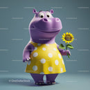 Cute Cartoon Hippo Holding Sunflower in Yellow Dress for Kids Illustration