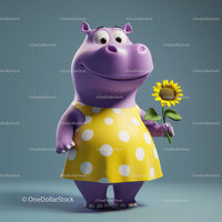 Cute Cartoon Hippo Holding Sunflower in Yellow Dress for Kids Illustration