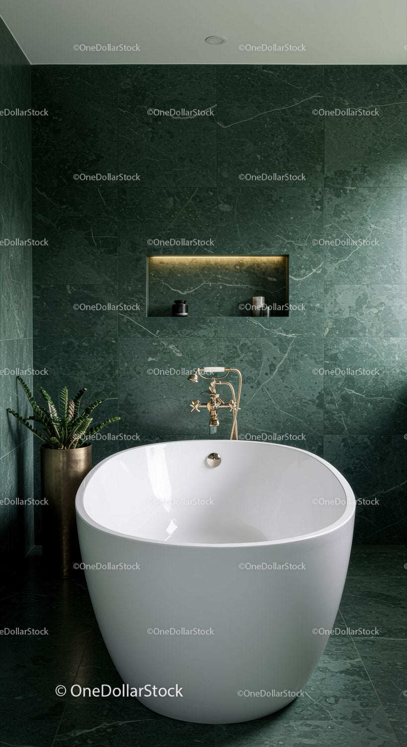 Luxurious Green Marble Bathroom with Freestanding Bathtub and Interior Decor