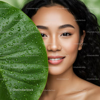 Beautiful Woman with Lush Green Leaf and Water Droplets in Nature