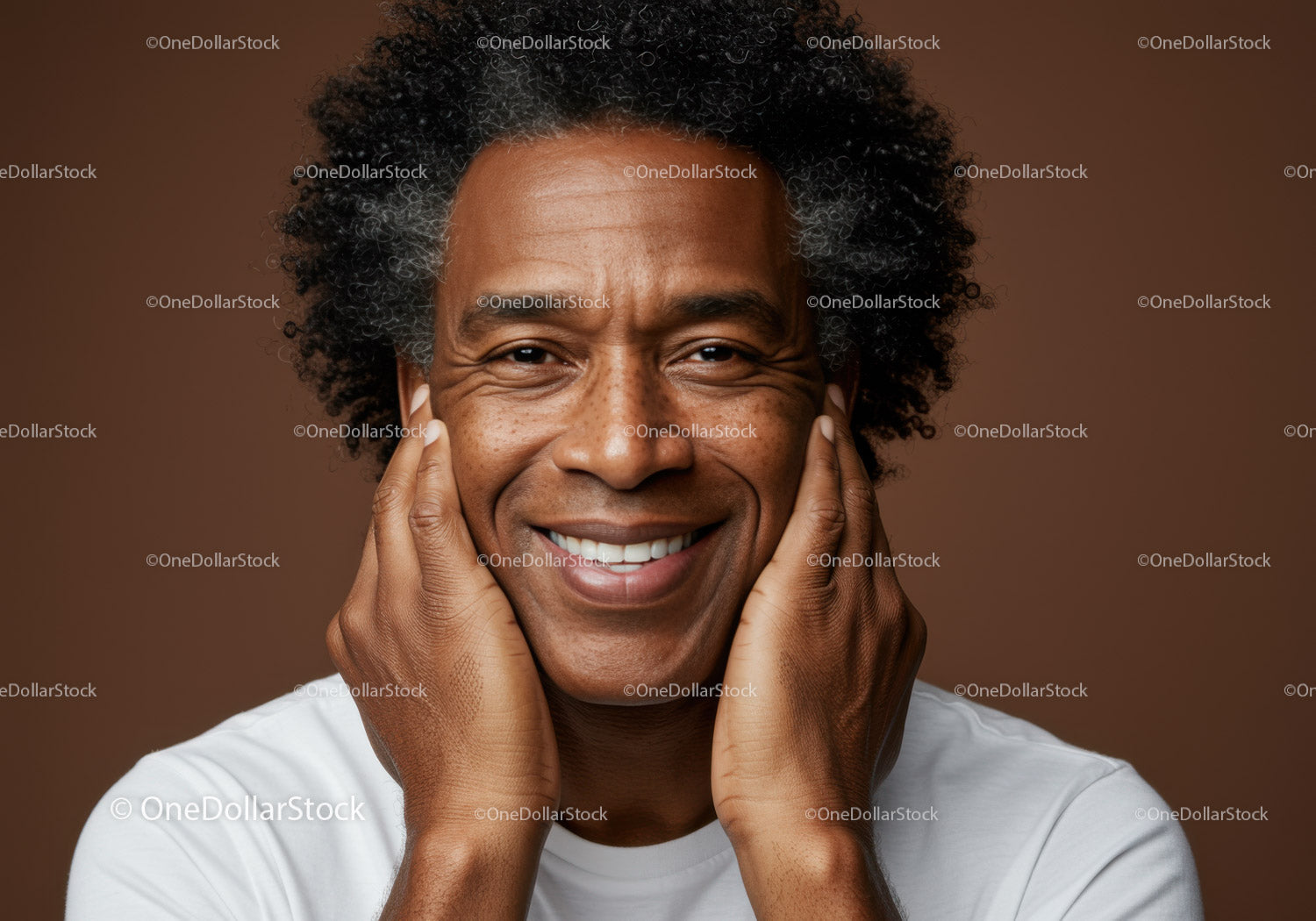 Smiling Mature Man with Curly Hair and Warm Expression