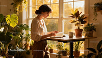 Young woman reading book near sunny window with plants