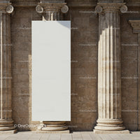Blank vertical banner between classical stone columns