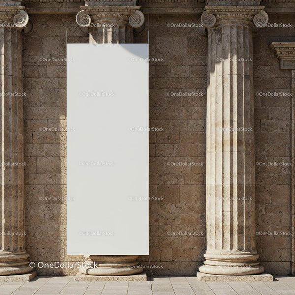 Blank vertical banner between classical stone columns JPG Mockup Image