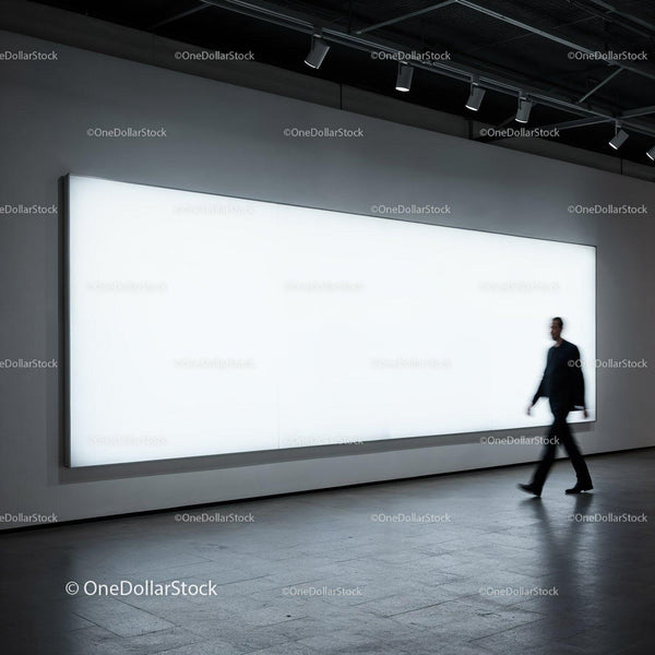 Man walking past large illuminated display in modern gallery JPG Mockup Image