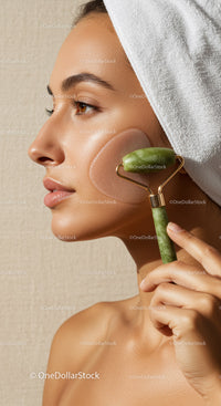 Close-Up of Woman Using Jade Facial Roller for Skincare Routine