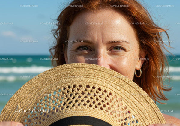 Brunetka w słomkowym kapeluszu ciesząca się słoneczną plażą