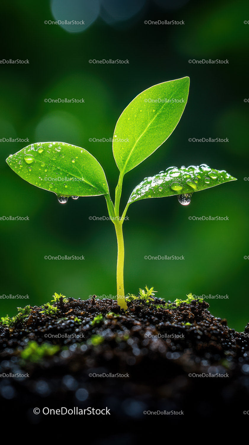 Fresh Green Seedling with Dew Drops in Natural Soil Landscape