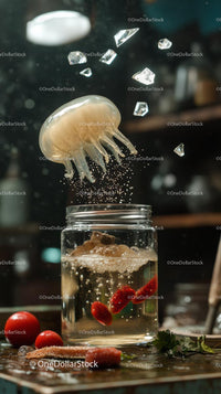 Creative Jellyfish and Diamonds Floating Above a Glass Jar Scene