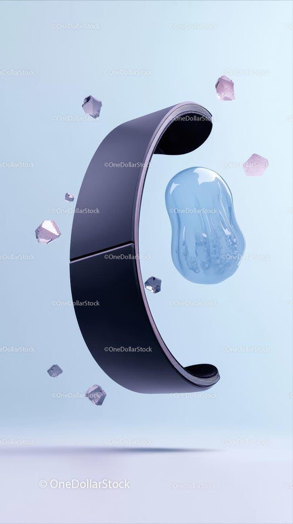 Nowoczesny czarny smartwatch z unoszącym się obiektem przypominającym galaretkę i kryształami