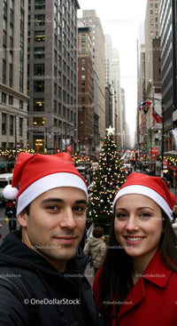 Young couple enjoying festive city Christmas street