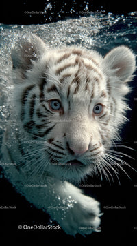 White tiger cub swimming underwater with piercing blue eyes