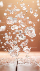 Ice Cubes Falling with Splash on Wooden Surface
