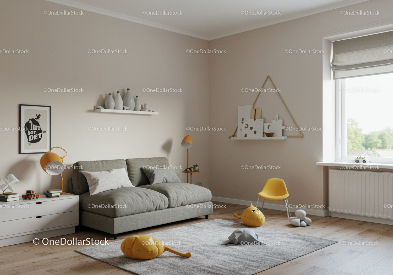 Bright Modern Living Room with Gray Sofa and Yellow Chair