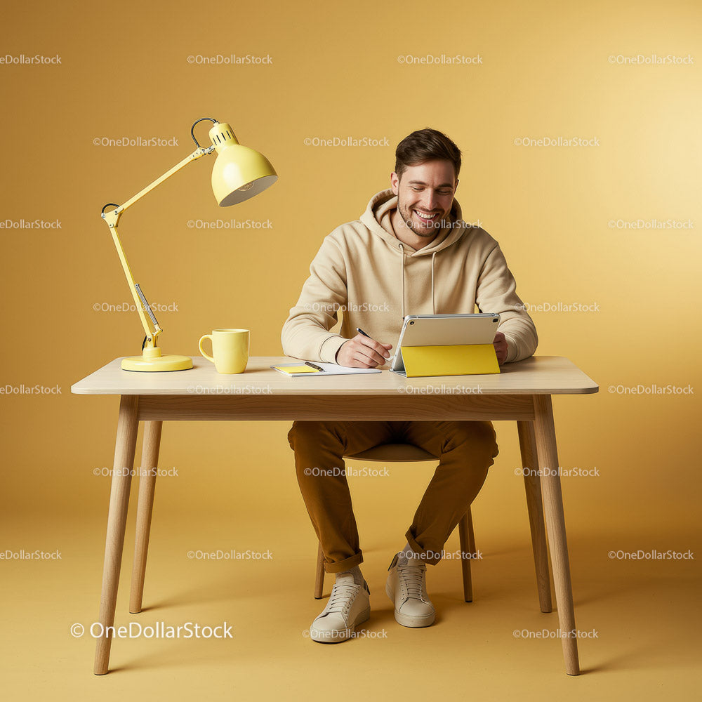 Smiling Man in Casual Attire at Modern Yellow Workspace