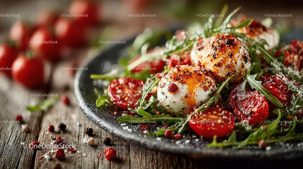 Baked Eggs with Cherry Tomatoes and Arugula on Rustic Plate