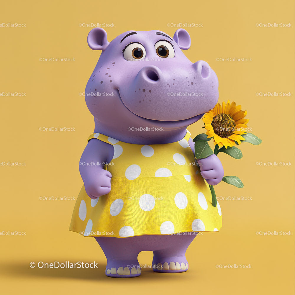 Cute Cartoon Hippo Holding Sunflower in Yellow Dress for Kids Illustration