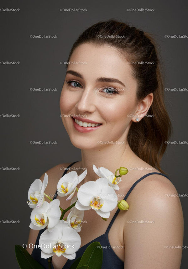 Portret uśmiechniętej kobiety z białą orchideą na tle ciemnego studia