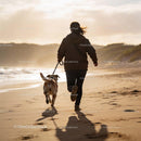 Person running with dog along sandy beach at sunset