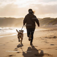 Person running with dog along sandy beach at sunset