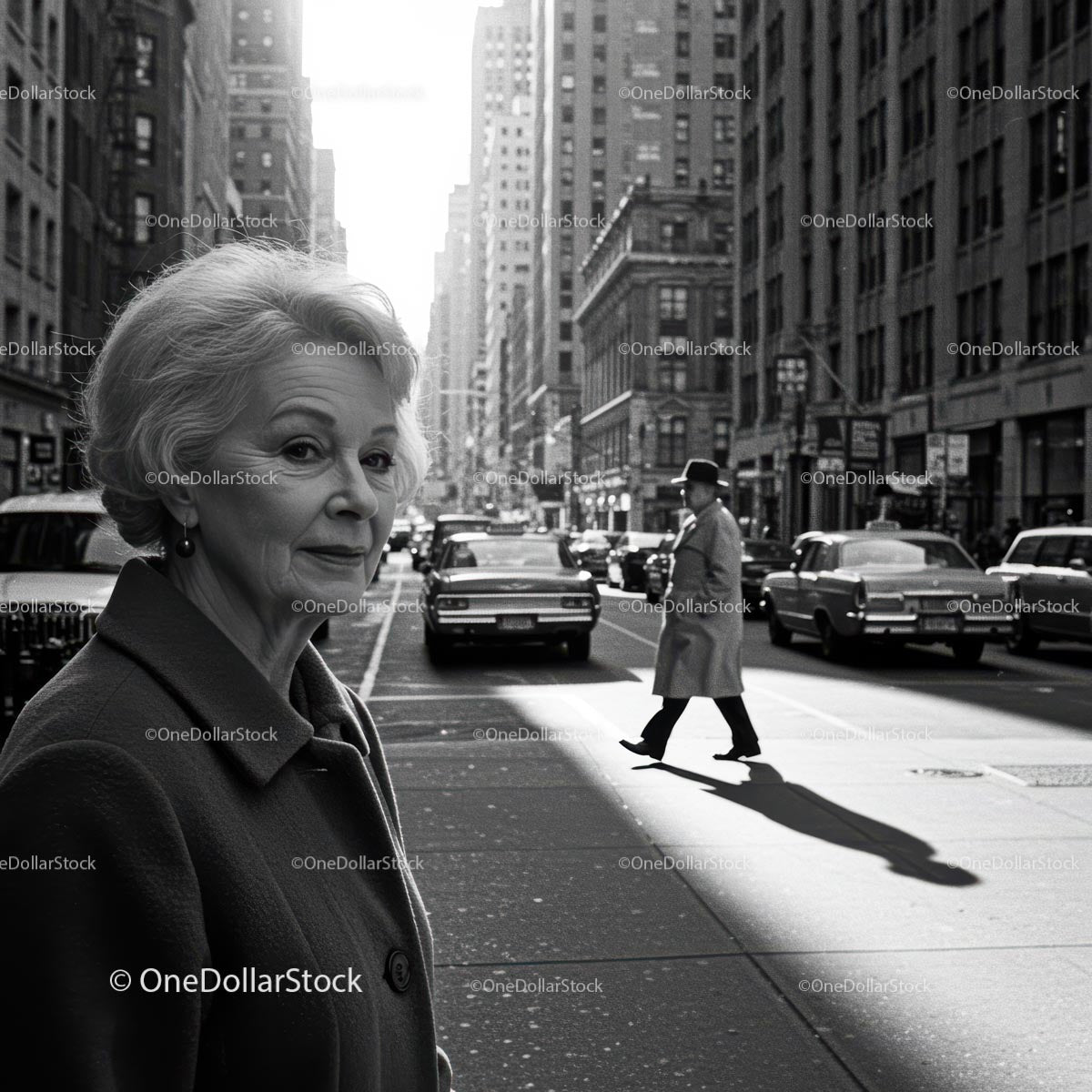 Elderly Woman in Busy City Street Surrounded by Vintage Cars