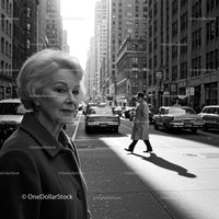 Elderly Woman in Busy City Street Surrounded by Vintage Cars