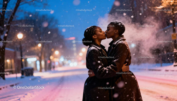LGBTQ Couple Sharing Intimate Kiss on Snowy Street