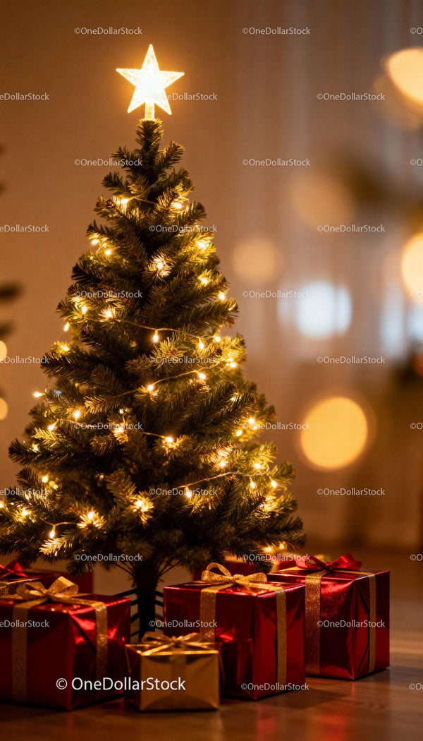 Decorated Christmas tree with glowing star and red gifts