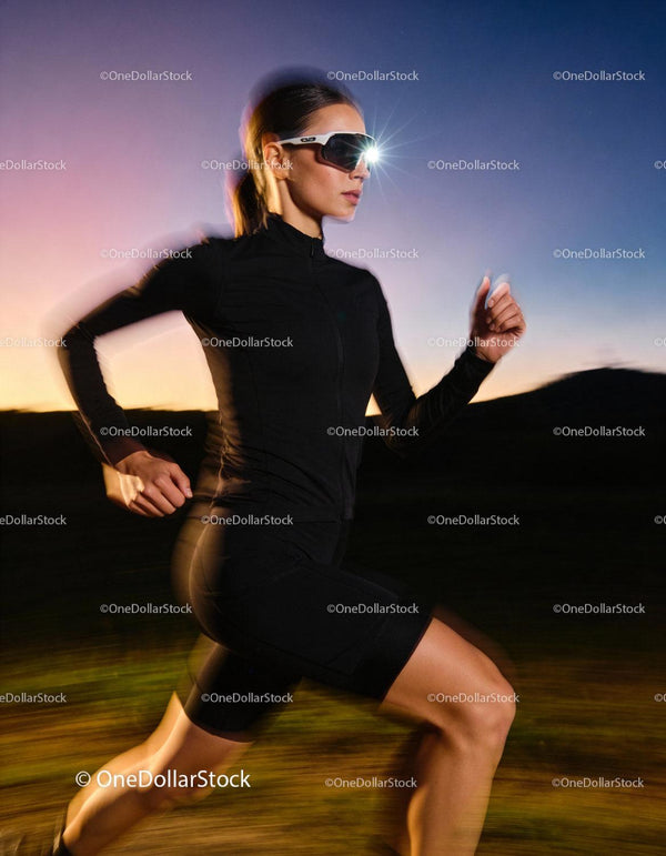 Female runner jogging outdoors at dusk in sportwear