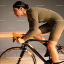 Focused cyclist riding indoors with motion blur effect