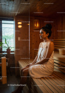 Relaxing Woman Sitting in Wooden Sauna Spa with Towel and Warm Lighting