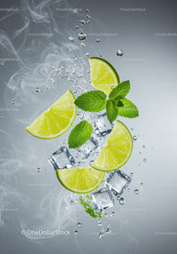 Fresh lime slices with mint and ice cubes splash